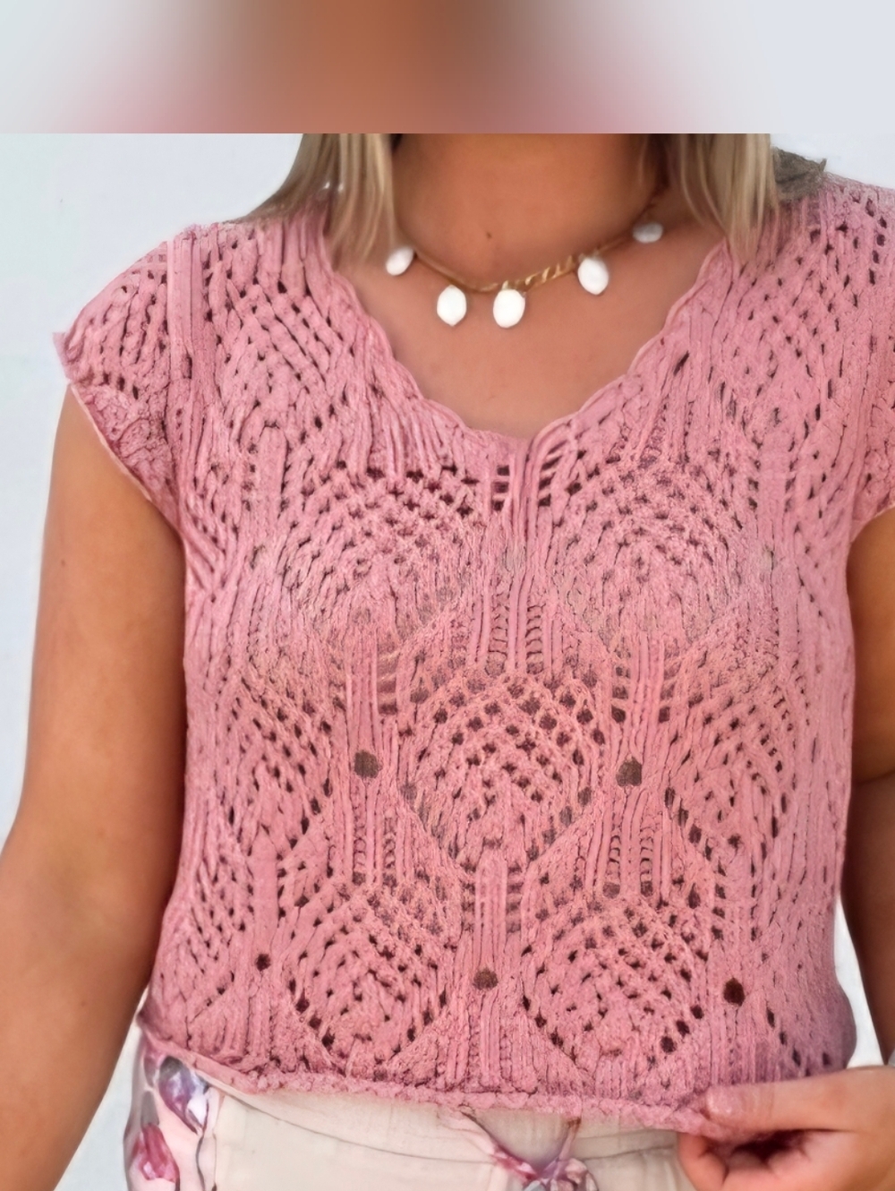 NWT - Pink Crochet Knit Cap Sleeve Top In S